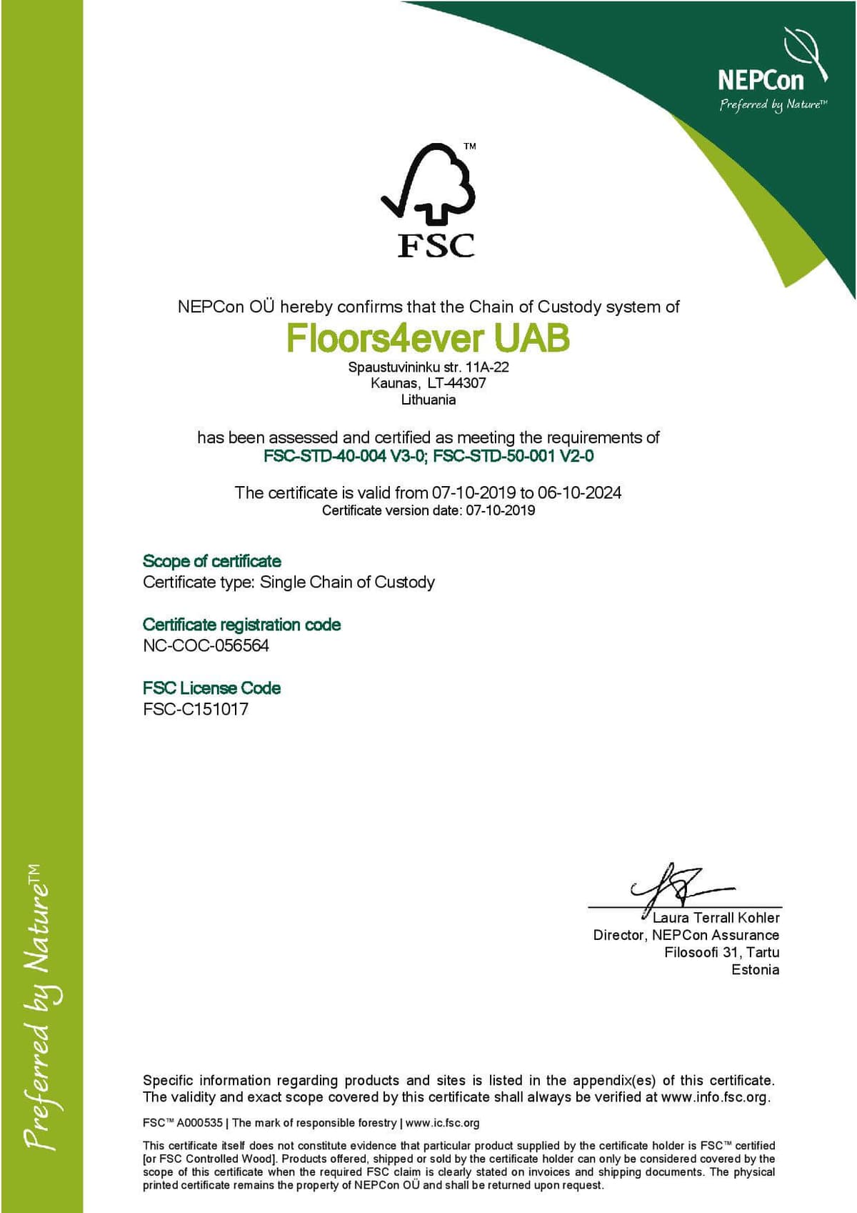 FSC chain-of-custody certificate for Floors4Ever